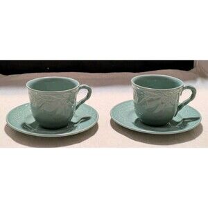 2 Savoir Vivre Fruit Promenade Celadon MF003 Cup & Saucer Sets Discontinued EUC